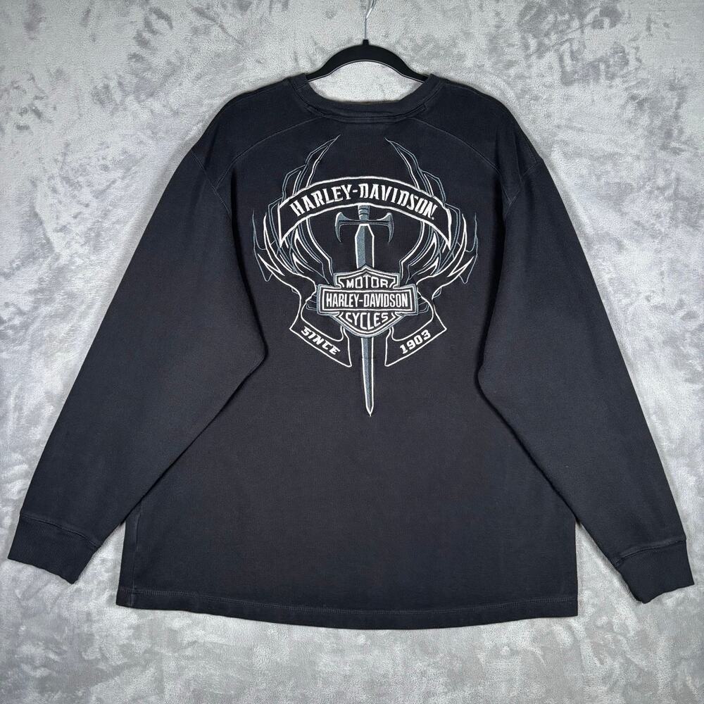 Harley Davidson Y2K Thermal Shirt Sword Wings Black Men’s Size 2XL